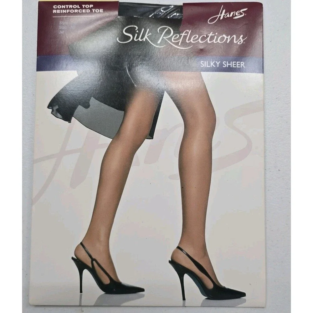 Hanes Silk Reflections Pantyhose Sz AB Jet Black Control Top Reinforced Toe NIP